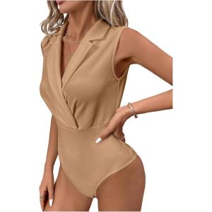 image:imageMakeMeChic Womens Collared Bodysuits Wrap V Neck Sleeveless Dressy Business Casual Blouse TopsBrown
