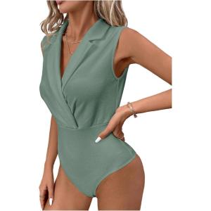 image:imageMakeMeChic Womens Collared Bodysuits Wrap V Neck Sleeveless Dressy Business Casual Blouse TopsMint Green