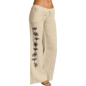 image:imageMakeMeChic Womens Fall Floral Straight Leg Linen Pants Drawstring Waist Low Waisted Boho TrousersApricot