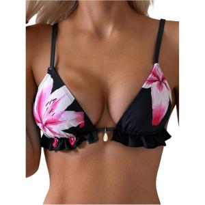 image:imageMakeMeChic Womens Floral Print Seashell Bikini Top Ruffle Trim Beach Summer Bathing Suit TopsBlack