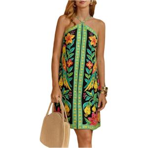 image:imageMakeMeChic Womens Halter Mini Dresses Summer Backless Tropical Caribbean Outfits Boho Beach DressesBlack and Green