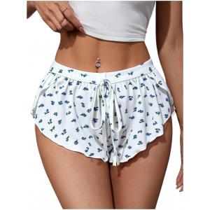 image:imageMakeMeChic Womens Pajama Bottoms Floral Print Tie Front Micro Short Side Slit Summer Lounge ShortsBlue and White