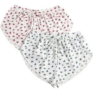 image:imageMakeMeChic Womens Pajama Bottoms Floral Print Tie Front Micro Short Side Slit Summer Lounge ShortsPink and Blue