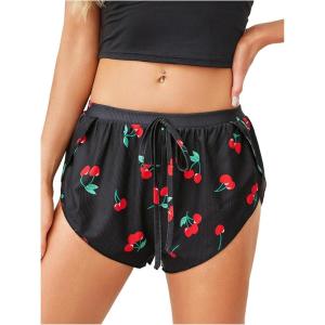 image:imageMakeMeChic Womens Pajama Bottoms Floral Print Tie Front Micro Short Side Slit Summer Lounge ShortsRed and Black