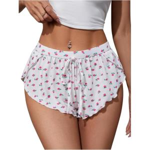 image:imageMakeMeChic Womens Pajama Bottoms Floral Print Tie Front Micro Short Side Slit Summer Lounge ShortsWhite