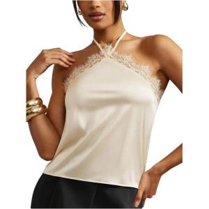 image:imageMakeMeChic Womens Satin Halter Tops Silk Lace Trim Tie Backless Going Out Tank TopApricot