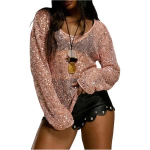 image:imageMakeMeChic Womens Sequin Crochet Sheer T Shirt Swimsuit Cover Up Beach Hollow Out Long Sleeve TopsPink