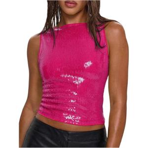 image:imageMakeMeChic Womens Sparkly Sequin Tops Y2k Sleeveless Crop Going Out Rave Tops ClubwearHot Pink