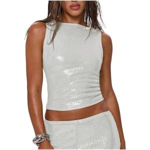 image:imageMakeMeChic Womens Sparkly Sequin Tops Y2k Sleeveless Crop Going Out Rave Tops ClubwearWhite B