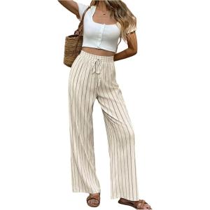 image:imageMakeMeChic Womens Striped Linen Pants High Waist Tie Front Drawstring Palazzo Pant TrousersBeige
