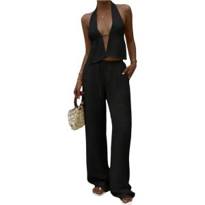 image:imageMakeMeChic Womens Summer 2 Piece Sets Backless Halter Tank Top Wide Leg Linen Pants Set Vacation OutfitsBlack