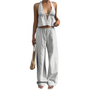 image:imageMakeMeChic Womens Summer 2 Piece Sets Backless Halter Tank Top Wide Leg Linen Pants Set Vacation OutfitsStriped Grey