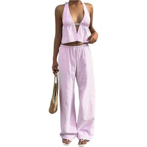 image:imageMakeMeChic Womens Summer 2 Piece Sets Backless Halter Tank Top Wide Leg Linen Pants Set Vacation OutfitsStriped Pink