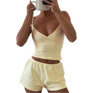 image:imageMakeMeChic Womens Summer 2 Piece Sets Deep V Neck Cami Crop Tops Mini Shorts Cute Lounge Pajama SetsYellow