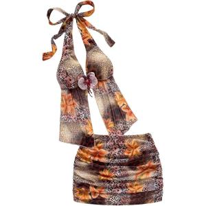 image:imageMakeMeChic Womens Summer 2 Piece Sets Mesh Open Back Halter Top Camisole Pencil Mini Skirt Set Vacation OutfitsOrange Brown