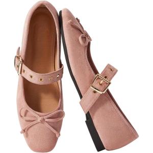 image:imageMakeMeChic Womens Summer Ballet Flats Brown Suede Loafers Bow Knot Buckle Closed Toe Leather ShoesPowder
