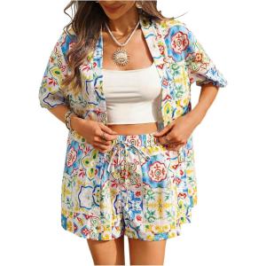 image:imageMakeMeChic Womens Tropical Beach Vacation Outfits Summer Two Piece Sets Boho Floral Kimono Tops and Shorts SetBoho Blue and Yellow