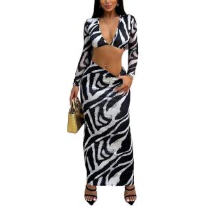 image:imageMakeMeChic Womens Two Piece Outfits Maxi Skirt Set Floral Print Long Sleeves Deep V Neck Going Out Top Vacation SetsBlack and White