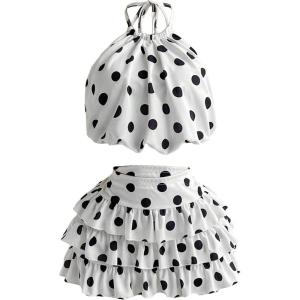image:imageMakeMeChic Womens Y2k 2 Piece Outfits Polka Dots Halter Bubble Crop Tops Ruffle Mini Skirt SetWhite
