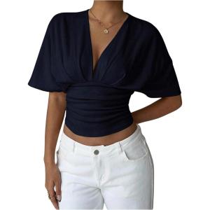 image:imageMakeMeChic Womens Y2k Crop Tops Deep V Neck Dolman Sleeve Tops Cute Summer T Shirt Going Out TopsBlue
