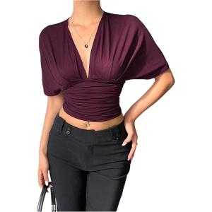image:imageMakeMeChic Womens Y2k Crop Tops Deep V Neck Dolman Sleeve Tops Cute Summer T Shirt Going Out TopsPurple