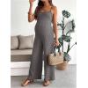 image:imageMakeMeChic Womens Maternity Cami Jumpsuit Spaghetti Strap Rib Wide Leg Pregnancy Overalls Romper Vacation OutfitsDark Grey