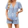 image:imageMakeMeChic Womens Boho Maternity 2 Piece Striped Outfits Bow Print Short Sleeve Blouse and Shorts Pregnancy SetBlue