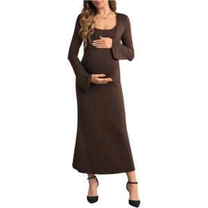 image:imageMakeMeChic Womens Maternity 2 Piece Outfits Long Sleeve Shrug and Long Cami Dress Pregnancy SetBrown