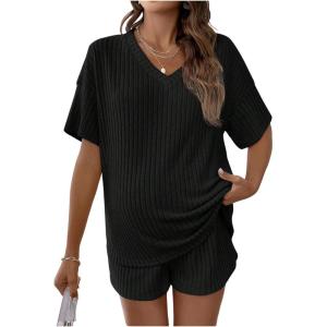 image:imageMakeMeChic Womens Maternity 2 Piece Outfits Pajamas Lounge Sets Summer Short Sleeve Rib Knit Tee Top and Short Mama ClothesBlack