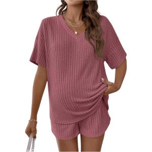 image:imageMakeMeChic Womens Maternity 2 Piece Outfits Pajamas Lounge Sets Summer Short Sleeve Rib Knit Tee Top and Short Mama ClothesRusty Rose