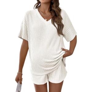 image:imageMakeMeChic Womens Maternity 2 Piece Outfits Pajamas Lounge Sets Summer Short Sleeve Rib Knit Tee Top and Short Mama ClothesWhite