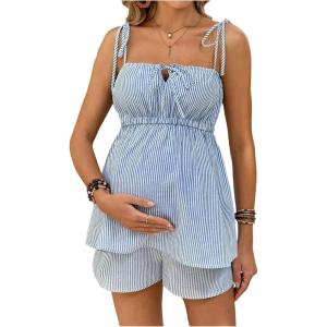 image:imageMakeMeChic Womens Maternity 2 Piece Striped Outfits Shirred Babydoll Shirt and Shorts Pregnancy SetsBlue