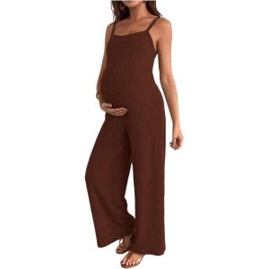 image:imageMakeMeChic Womens Maternity Cami Jumpsuit Spaghetti Strap Rib Wide Leg Pregnancy Overalls Romper Vacation OutfitsCoffee Brown