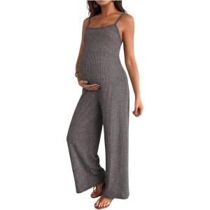 image:imageMakeMeChic Womens Maternity Cami Jumpsuit Spaghetti Strap Rib Wide Leg Pregnancy Overalls Romper Vacation OutfitsDark Grey