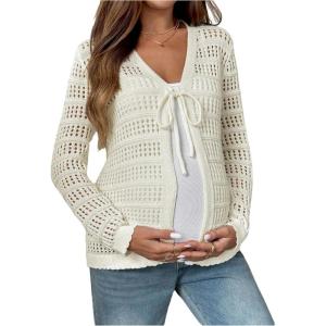 image:imageMakeMeChic Womens Maternity Cardigan Crochet Tie V Neck Long Sleeve Pregnancy SweatersWhite