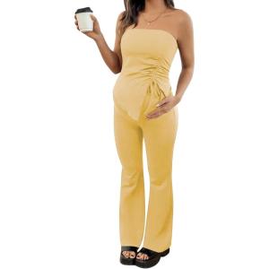 image:imageMakeMeChic Womens Maternity Sets 2 Piece Summer Outfits Ruched Tube Top and Pants Pregnancy Matching SetYellow