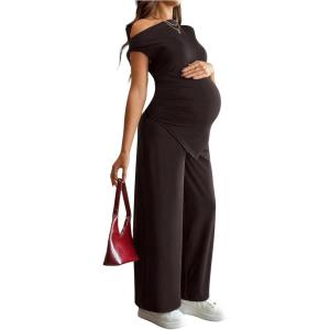 image:imageMakeMeChic Womens Maternity Summer 2 Piece Outfits Asymmetrical Tops and Pants Pregnancy Matching Set Brown Large