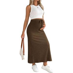 image:imageMakeMeChic Womens Maternity Summer Two Piece Set Sleeveless Tank Tops and Midi Skirt Rib Knit Casual OutfitBrown