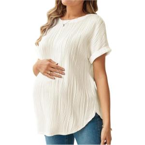 image:imageMakeMeChic Womens Maternity Textured T Shirt Summer Work Pregnancy Nursing Tops Crew Neck Short Sleeve TeesApricot Solid