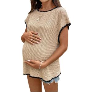 image:imageMakeMeChic Womens Maternity Textured T Shirt Summer Work Pregnancy Nursing Tops Crew Neck Short Sleeve TeesKhaki