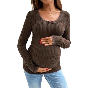 image:imageMakeMeChic Womens Maternity T Shirts Lace Long Sleeve Scoop Neck Knit Pregnancy TopsBrown