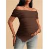 image:imageMakeMeChic Womens Maternity Summer Off The Shoulder Tops Short Sleeve Ruched Asymmetrical Pregnancy TopsBrown