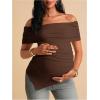 image:imageMakeMeChic Womens Maternity Summer Off The Shoulder Tops Short Sleeve Ruched Asymmetrical Pregnancy TopsBrown