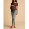 image:imageMakeMeChic Womens Maternity Summer Off The Shoulder Tops Short Sleeve Ruched Asymmetrical Pregnancy TopsBrown