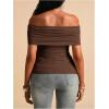 image:imageMakeMeChic Womens Maternity Summer Off The Shoulder Tops Short Sleeve Ruched Asymmetrical Pregnancy TopsBrown