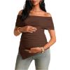 image:imageMakeMeChic Womens Maternity Summer Off The Shoulder Tops Short Sleeve Ruched Asymmetrical Pregnancy TopsBrown