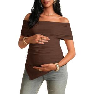image:imageMakeMeChic Womens Maternity Summer Off The Shoulder Tops Short Sleeve Ruched Asymmetrical Pregnancy TopsBrown