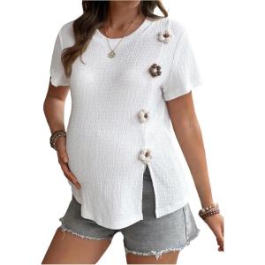 image:imageMakeMeChic Womens Maternity T Shirt Floral Crew Neck Short Sleeve Split Pregnancy TopsWhite