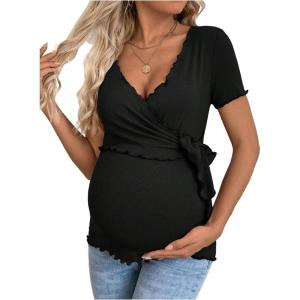 image:imageMakeMeChic Womens Maternity T Shirts Wrap V Neck Tie Side Short Sleeve Nursing TopsBlack
