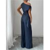 image:imageMakeMeChic Womens 2 Piece Outfit Off The Shoulder Asymmetrical Tops Wide Leg Pants SetBlue